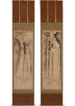 [:ja]狩野立信　瀧ﾆ桜 瀧ﾆ紅葉　双幅[:en]Kano Tatsunobu / 2 Hanging scrolls of waterfalls, cherry tree and maple tree[:]