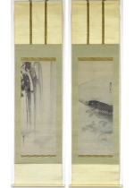 [:ja]平福穂庵　登龍門図 双幅[:en]Hirahuku Suian / Two hanging scrolls of Carp and Waterfall[:]
