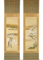 [:ja]狩野休真　桜花二景図 双幅[:en]Kano Kyusin / Two Hanging scrolls of Cherry blossoms[:]