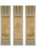 [:ja]土佐光起　旭日鶉 三幅対[:en]Tosa Mitsuoki / 3 Hanging scrolls of quails and rising sun[:]