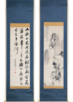 [:ja]頼山陽　詩画 双幅[:en]Rai San’yo / Two hanging scrolls of Landscape, Calligraphy[:]