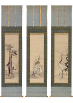 [:ja]英一蝶　寿老松梅鶴 三幅対[:en]Hanabusa Itcho / 3 Hanging scrolls of Jurōjin, and Cranes with Plum blossoms and Pine tree[:]