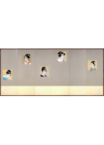 [:ja]甲斐庄楠音　美人図小色紙貼交屏風 六曲半双中屏風[:en]Kainosho Tadaoto / Beautiful women, A half of six-panel folding screen[:]