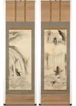 [:ja]狩野探信守道　昇鯉図 双幅[:en]Kano Tanshin Morimichi / Two hanging scrolls of climbing carp[:]