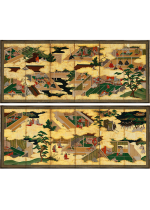 [:ja]江戸中期 源氏物語図屏風 六曲一双中屏風[:en]Scenes from the Tale of Genji, A pair of six-panel folding screens painted in Mid-Edo period[:]