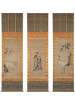 [:ja]狩野常信	左）紅葉鹿 中）寿老 右）松鶴　三幅対[:en]Kano Tsunenobu / 3 hanging scrolls of Autumn leaves with Deer, Jurojin, and Pine tree with Crane[:]
