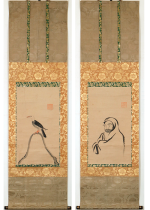 [:ja]徳川吉宗　達磨図 小禽図 双幅[:en]Tokugawa Yoshimune / Two hanging scrolls of Daruma and a little bird[:]